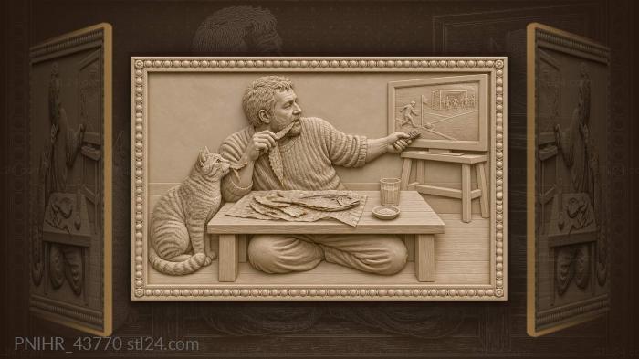 Hungry cat reaches as man eats 3d STL model