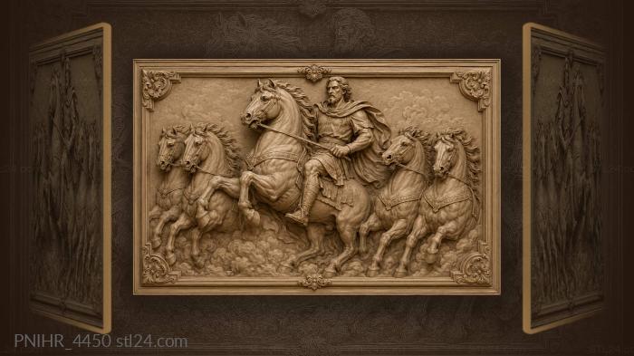 Bearded man among five horses 3d STL model