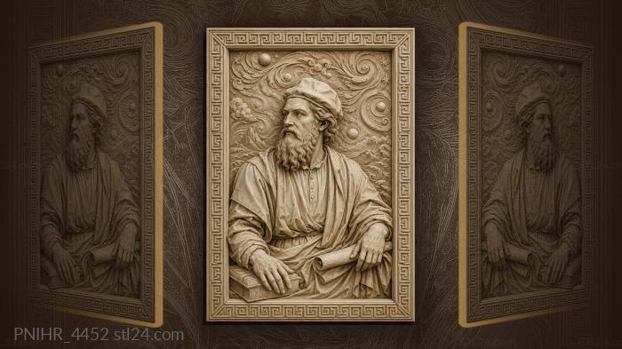 Capped man resting a hand on a book · Leonardo da Vinci 3d STL model
