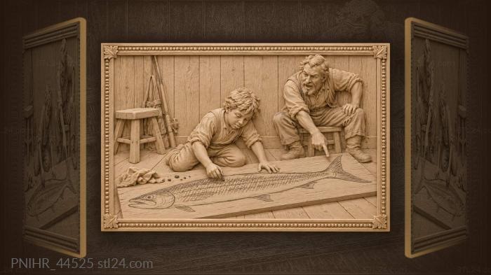 Boy drawing a giant fish 3d STL model