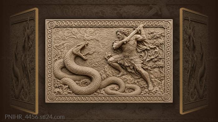 Bearded warrior striking at the serpent 3d STL model