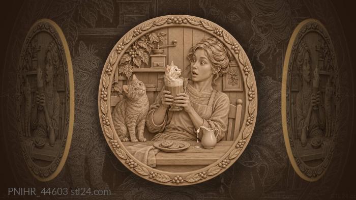 Startled woman meets a rising foam cat 3d STL model
