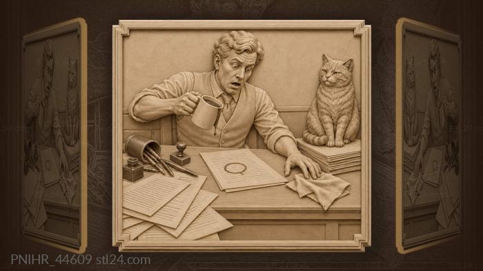 Office chaos coffee mishap feline friend 3d STL model