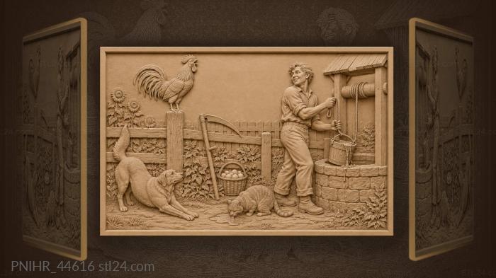 Rooster morning well village life 3d STL model