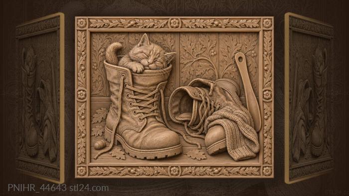 Sleepy cat nests inside an abandoned boot 3d STL model