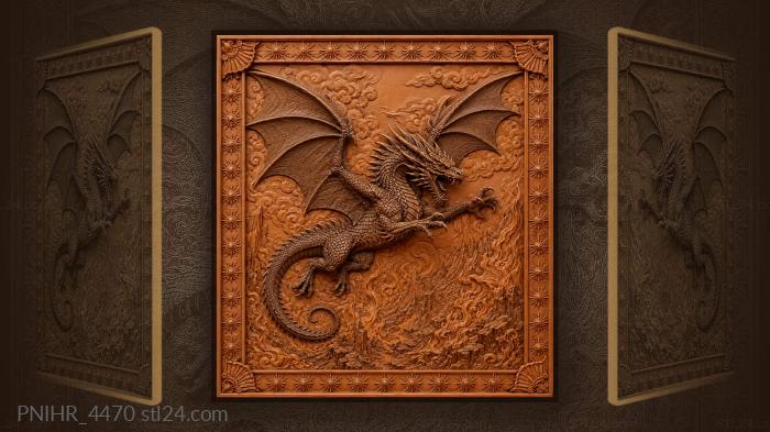 Black dragon flying above fiery land 3d STL model