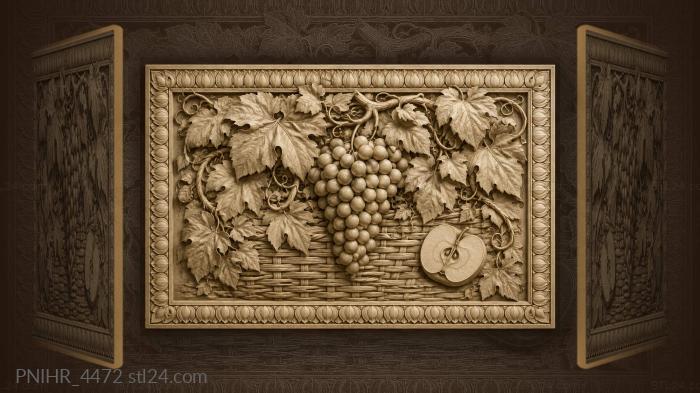 Grapes above a woven basket with an apple 3d STL model