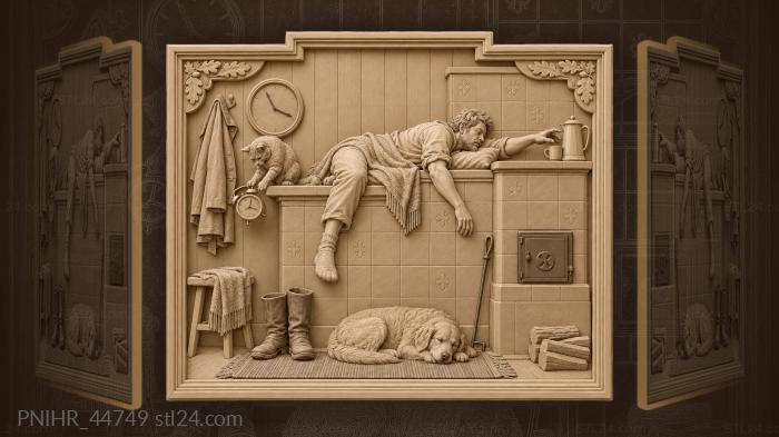 Cozy stove scene with man and cat 3d STL model