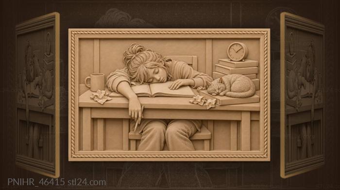 Sleepless study with curious cat 3d STL model