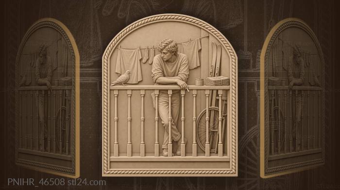 Balcony student pauses while crib notes show 3d STL model