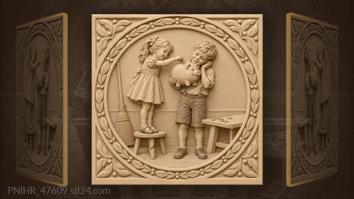 Girl feeds coin into piggy bank 3d STL model