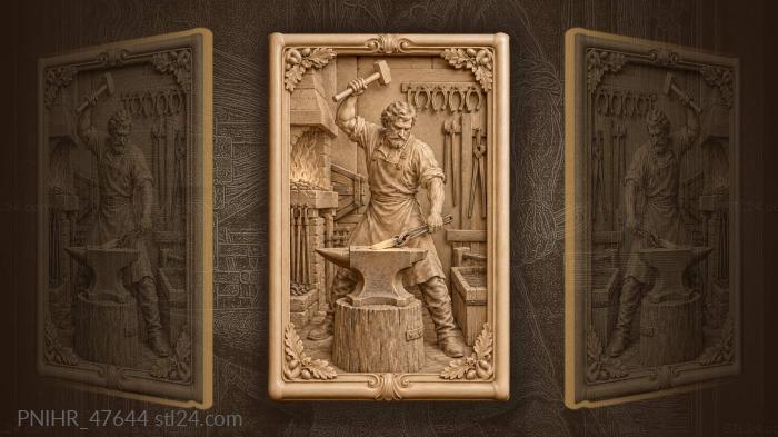 Blacksmith raises his hammer over glowing iron 3d STL model