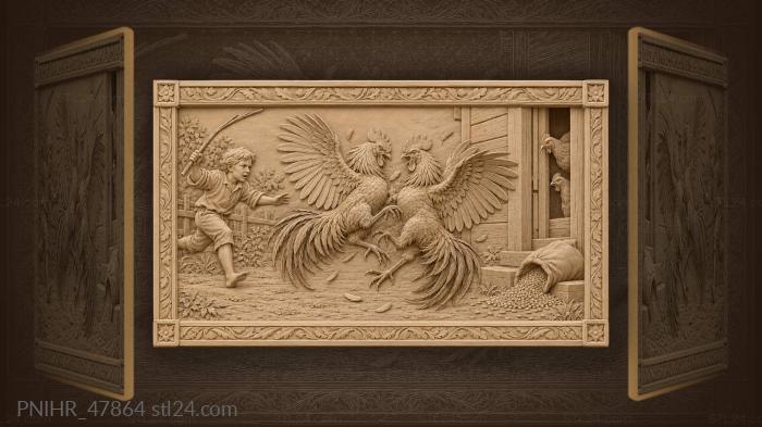 Leaping roosters scatter grain before the granary 3d STL model
