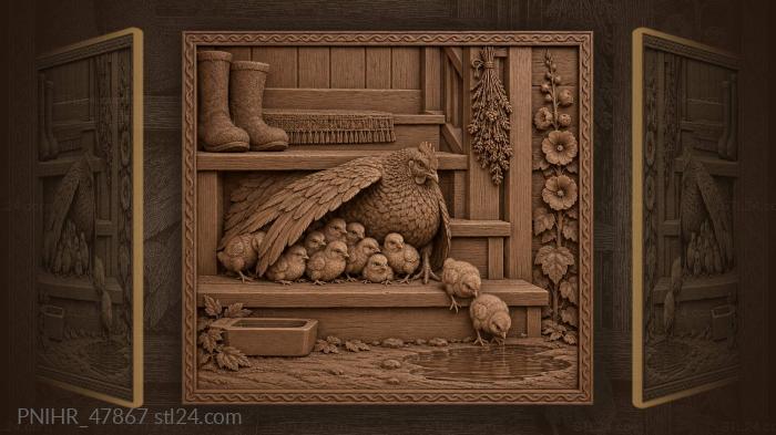 Chicks tumble past hen toward puddle 3d STL model