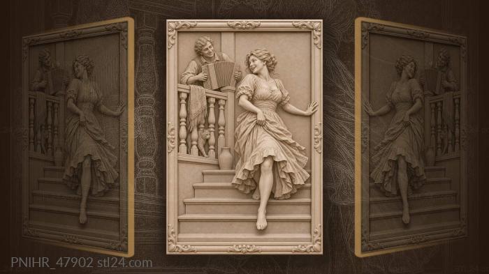 Dancer races downstairs as accordion music follows 3d STL model