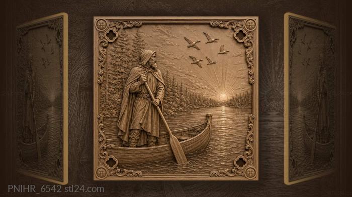 Sunrise boatman with forest birds 3d STL model