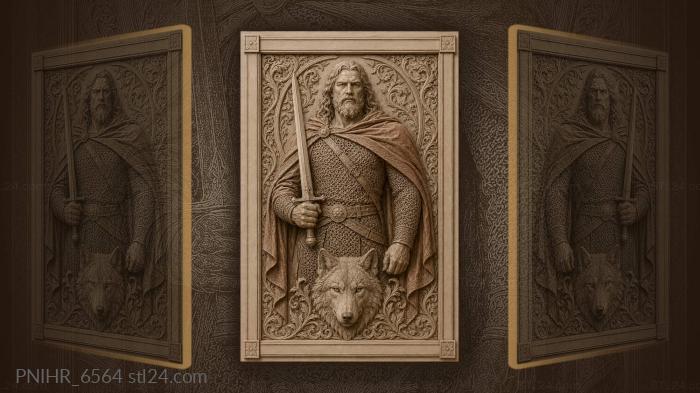 Wolf muzzle below a red cloaked swordsman 3d STL model