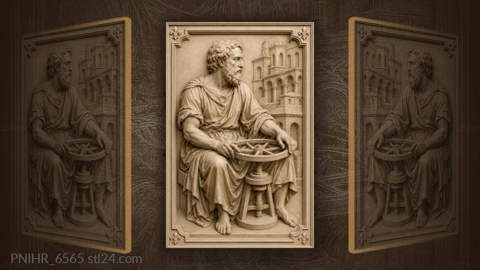 Craftsman at wheel before arched building 3d STL model