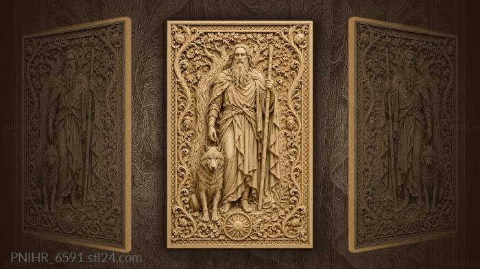 The god Odin with staff and wolf by the tree 3d STL model