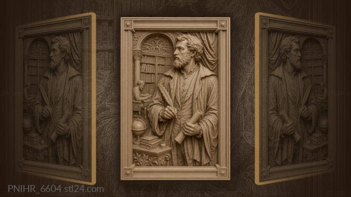 William Shakespeare with quill and scroll in a library 3d STL model