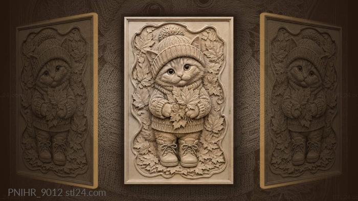 Cozy kitten with autumn leaves 3d STL model