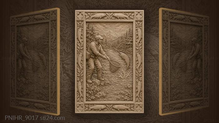 Fly angler brings net under trout 3d STL model
