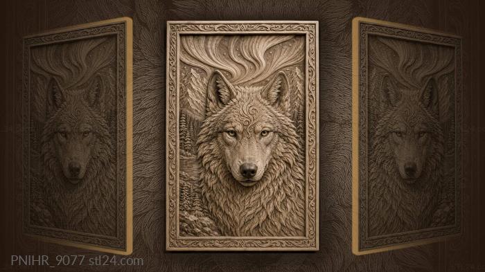 Northern lights behind the wolf head 3d STL model