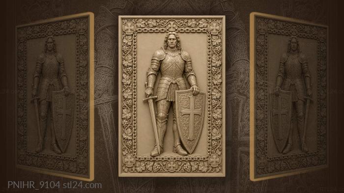 Man in plate armour holds sword and shield 3d STL model