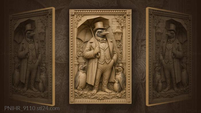 Penguin gentleman with umbrella and friends 3d STL model
