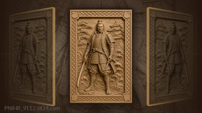 Samurai warrior with katana and waves 3d STL model