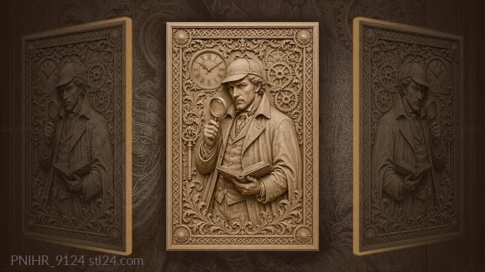 Sherlock Holmes holds a magnifying glass by a clock 3d STL model