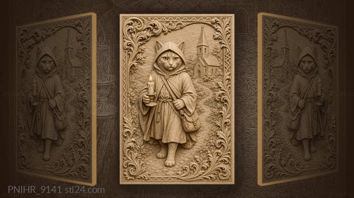 Mysterious cat with candle and church 3d STL model