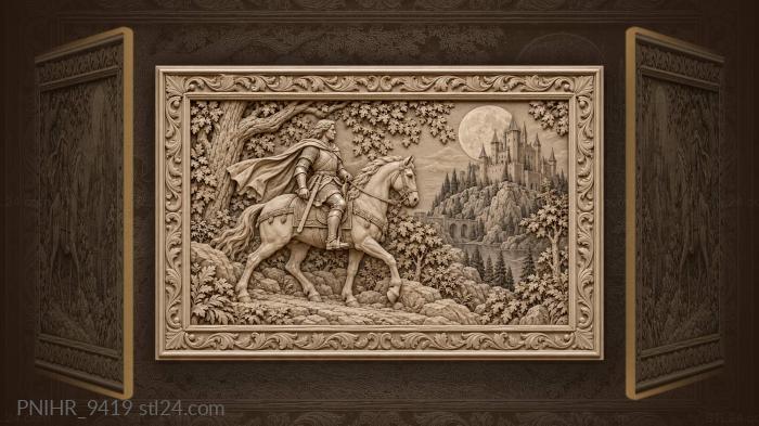 Castle under a full moon behind a rider 3d STL model