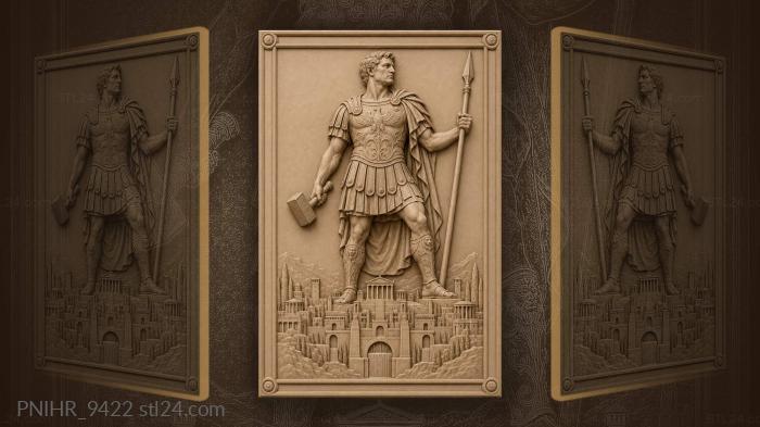 Roman with spear and hammer above city 3d STL model