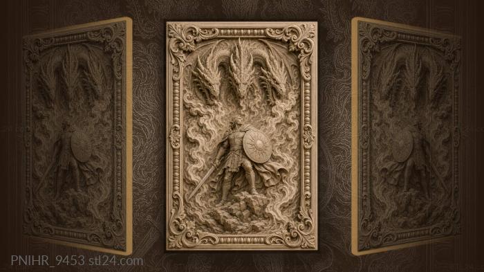 Warrior facing three-headed dragon battle 3d STL model