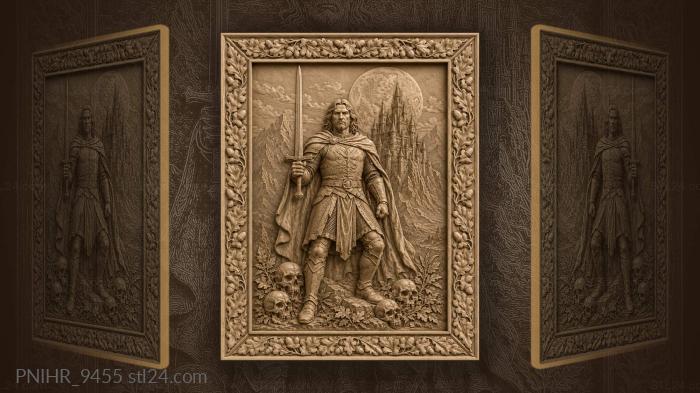 Swordsman before the gothic castle and skulls 3d STL model