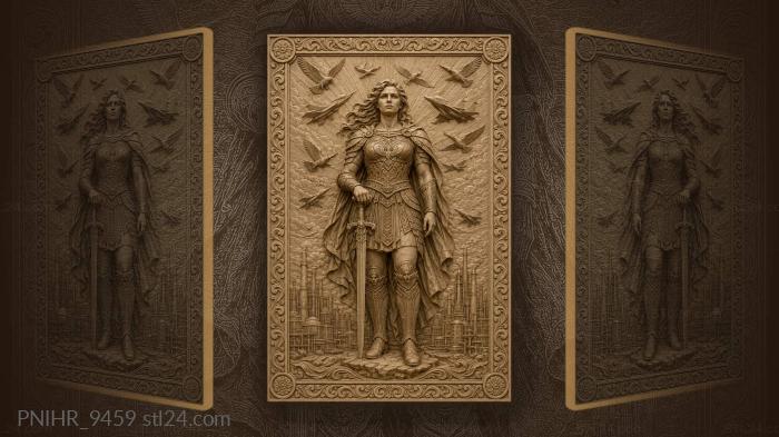 Warrior woman with soaring birds cityscape 3d STL model
