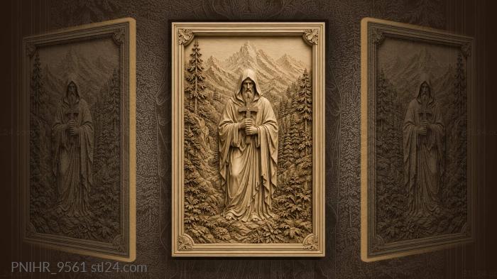 Hooded pilgrim with mountain landscape 3d STL model
