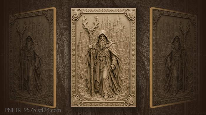 Hooded wanderer with antler staff city 3d STL model
