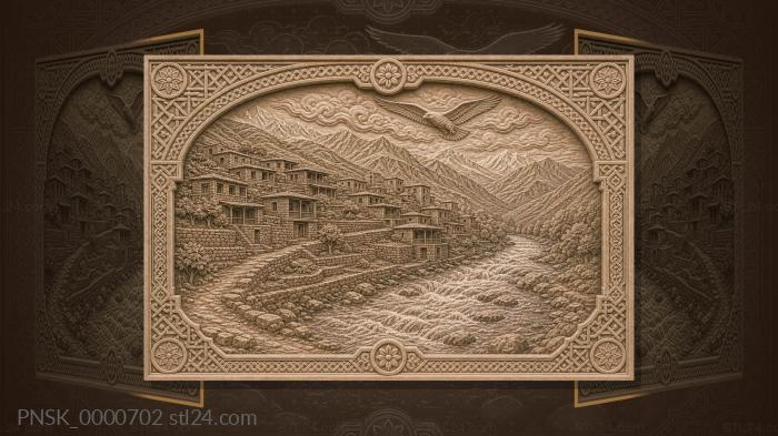 Aul by the river - stone houses and mountain river 3d STL model