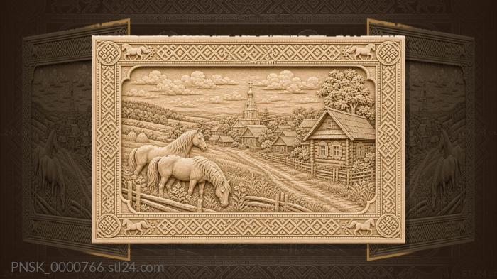 Chuvash village - huts and horses 3d STL model