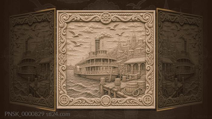 Merchant motor ship - motor ship and pier 3d STL model