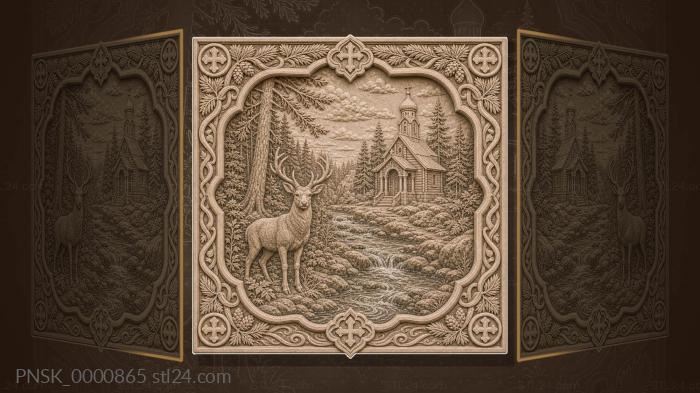 Chapel in the Forest - chapel and pine trees 3d STL model
