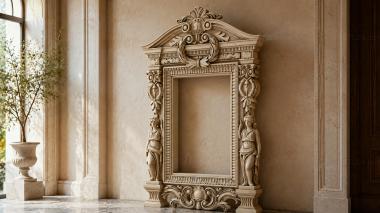 Decorative frames, framing Classical architectural portal with caryatids and pediment 3d model