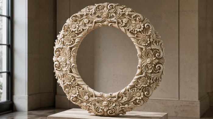 Decorative frames, framing (Round frame with scrolls and floral rosettes, RMI_001105) 3D models for cnc