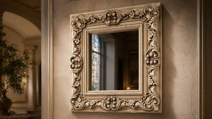 Decorative mirror frame with volutes and floral motifs 3d STL model