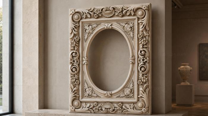 Oval frame with floral ornament and corner rosettes 3d STL model
