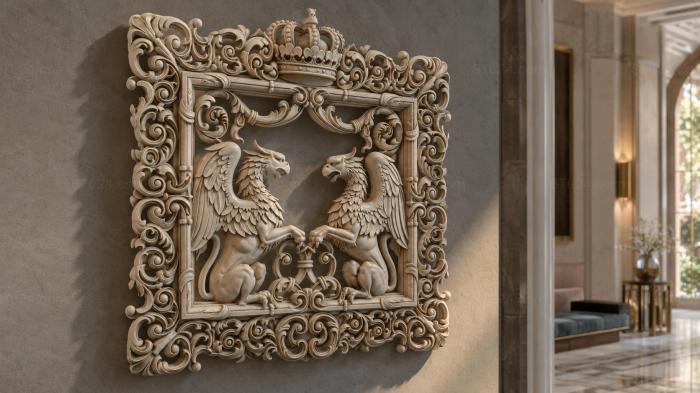Panel with double-headed eagles and a crown in a baroque frame 3d STL model