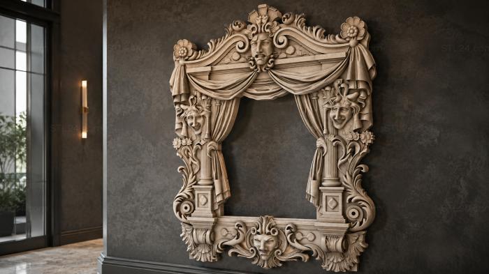 Decorative frames, framing (Theatrical frame with masks and drapery, RMI_001121) 3D models for cnc