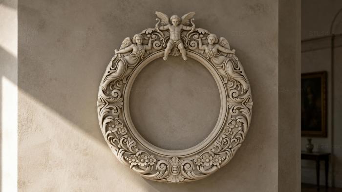 Round frame with putto and baroque scrolls 3d STL model